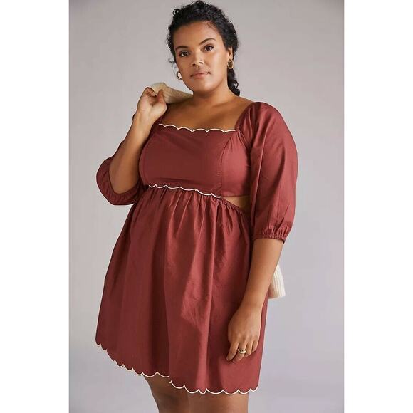 New Anthropologie Forever That Girl Scalloped Mini Dress $160 PLUS 1X Wine - Picture 1 of 5